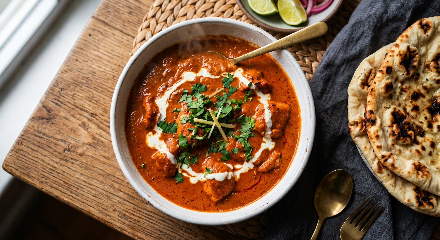butter chicken recipe served with naan bread