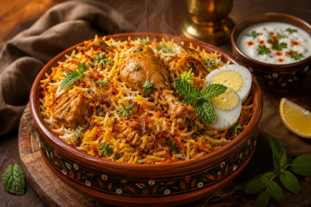 chicken biryani recipe featured image with saffron rice and garnish