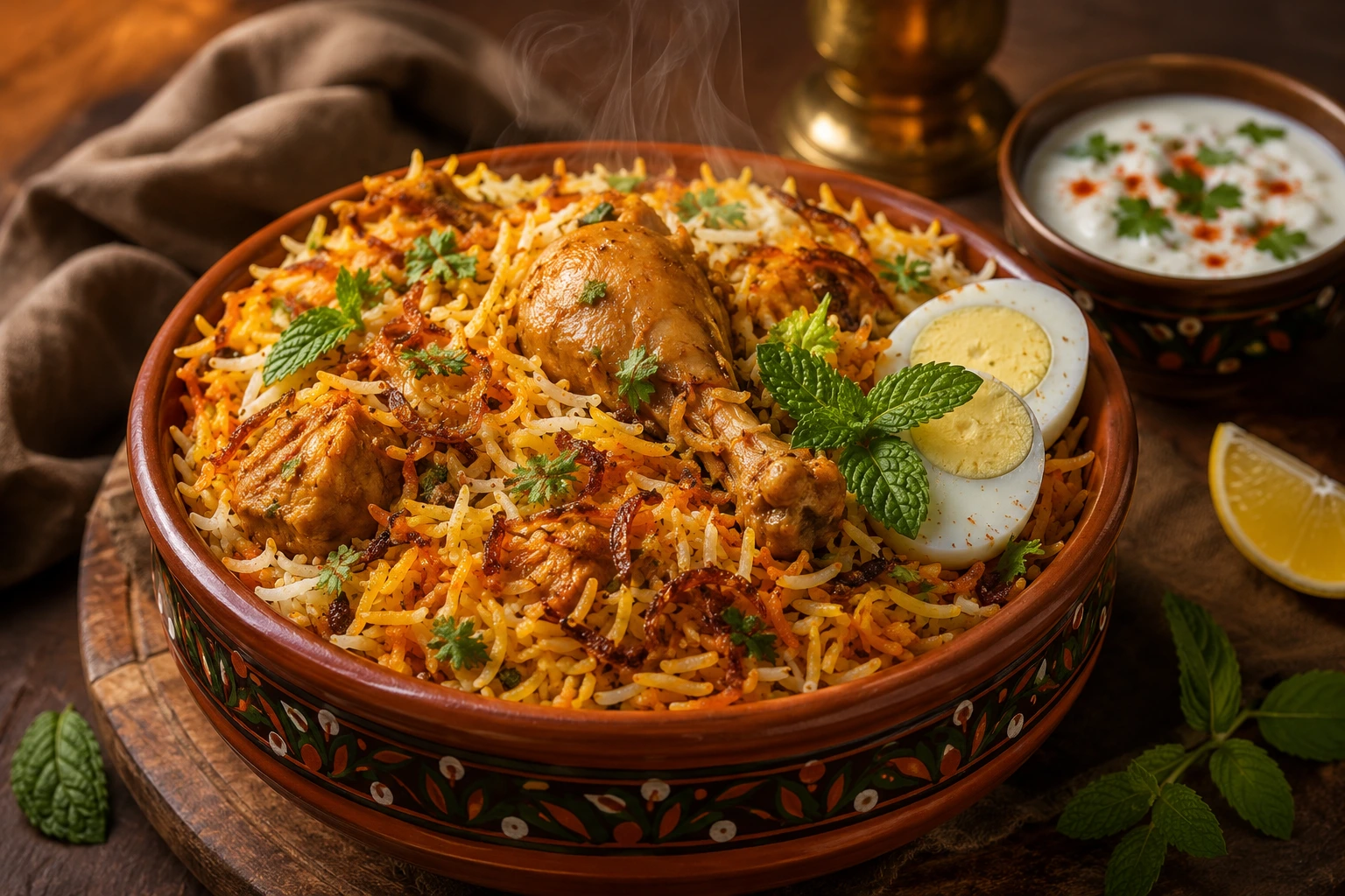 chicken biryani recipe featured image with saffron rice and garnish