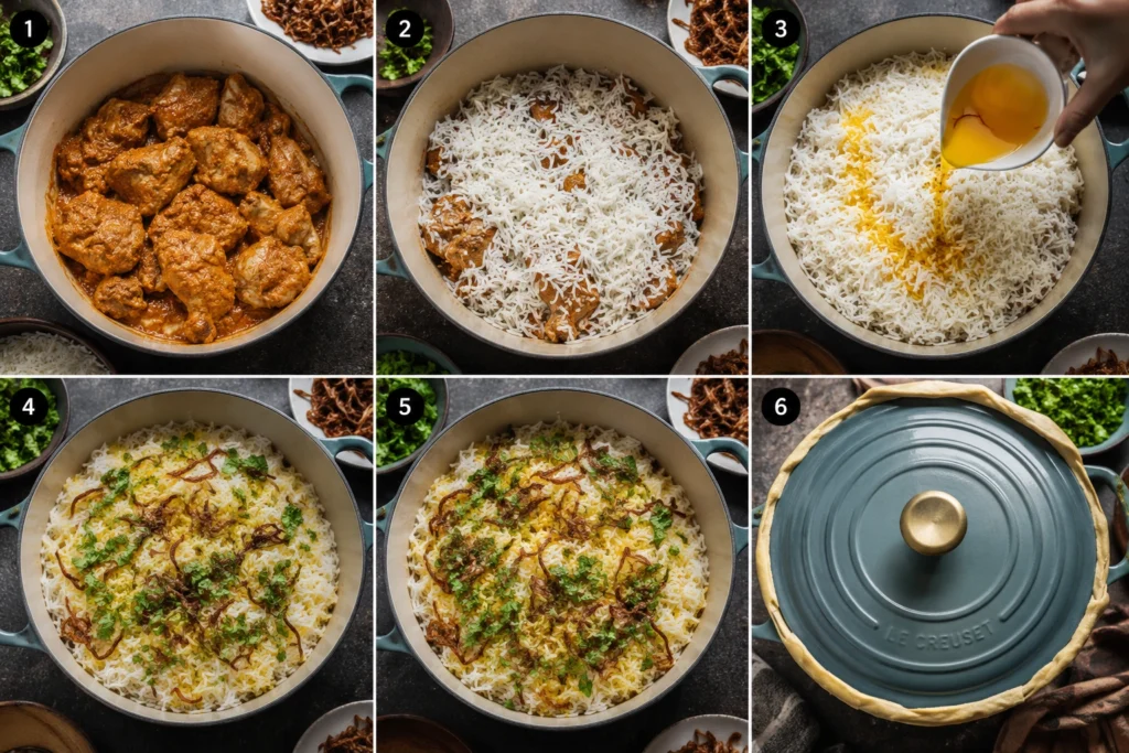 layering chicken biryani for dum cooking