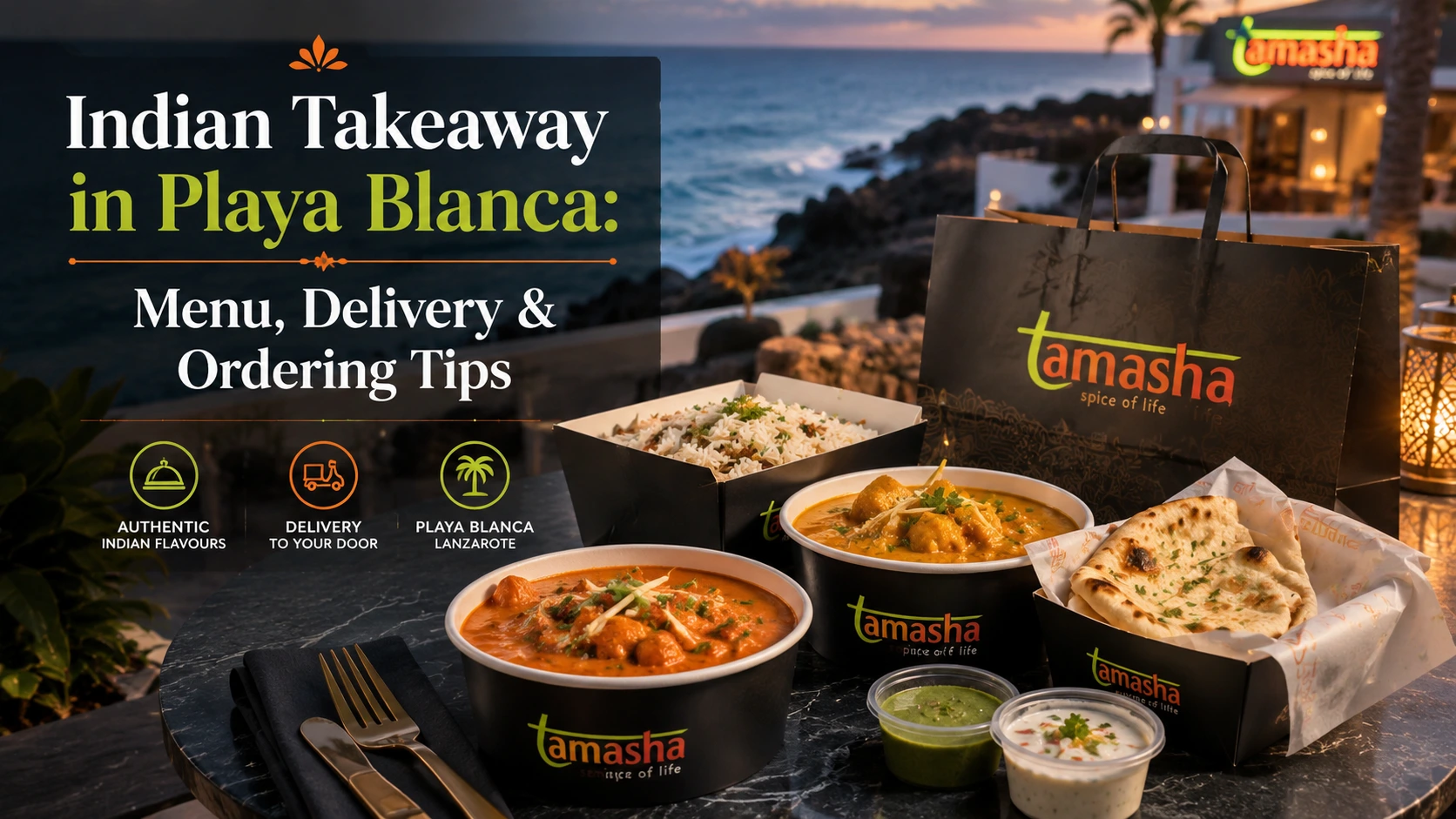 Indian takeaway curry and naan boxed for delivery in Playa Blanca